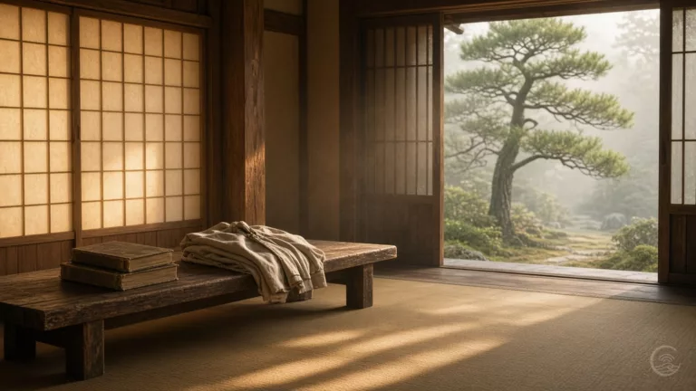 A quiet wooden practice hall at dawn, with well-worn books and a folded practice jacket on a bench and a pine tree outside in soft golden morning light
