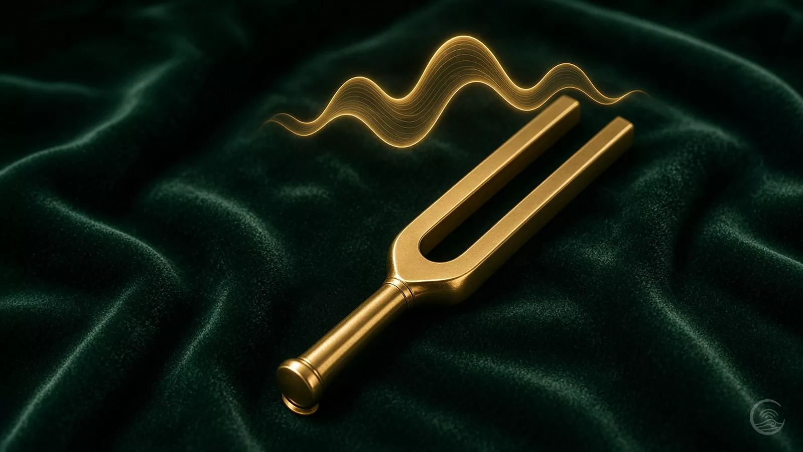 A polished brass tuning fork lies diagonally on deep green velvet, with a glowing golden sound wave curving above its tines.