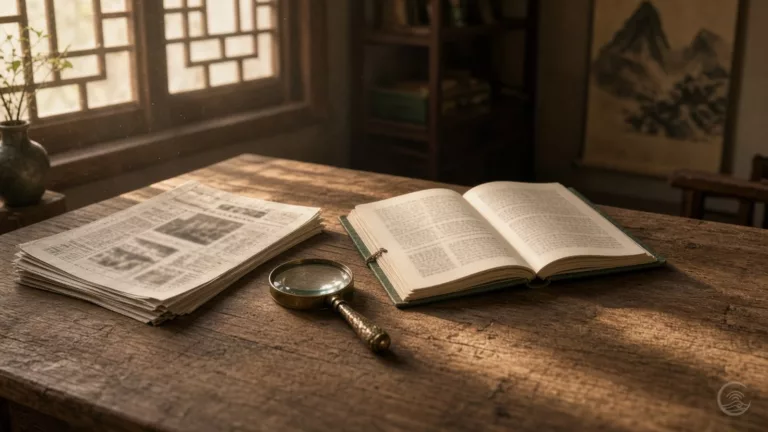 A stack of newspapers, a brass magnifying glass and an open research journal on an old wooden desk in warm morning light beside a Chinese lattice window