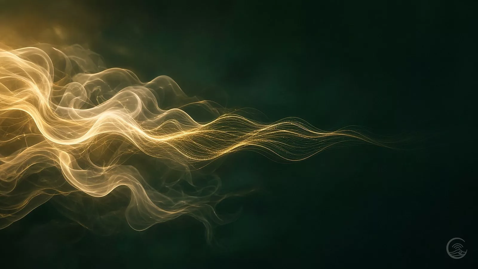 Soft golden wisps like breath and smoke flow from the left across a dark green background, narrowing into fine threads of light like sound waves.