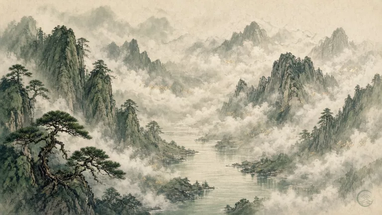 A traditional Chinese ink-wash landscape: misty green mountain peaks, gnarled pine trees on cliffs and a calm river winding through clouds, on cream paper with flecks of gold.