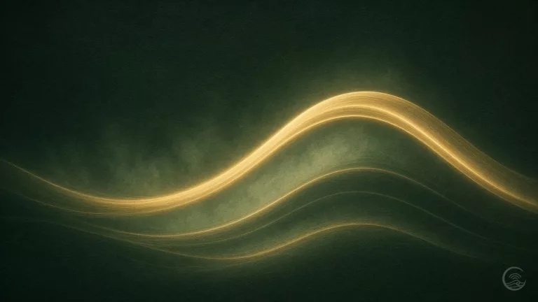 A broad, slow golden wave of light rises and falls across a misty dark green background, with fainter parallel waves below, like a calm breathing rhythm.