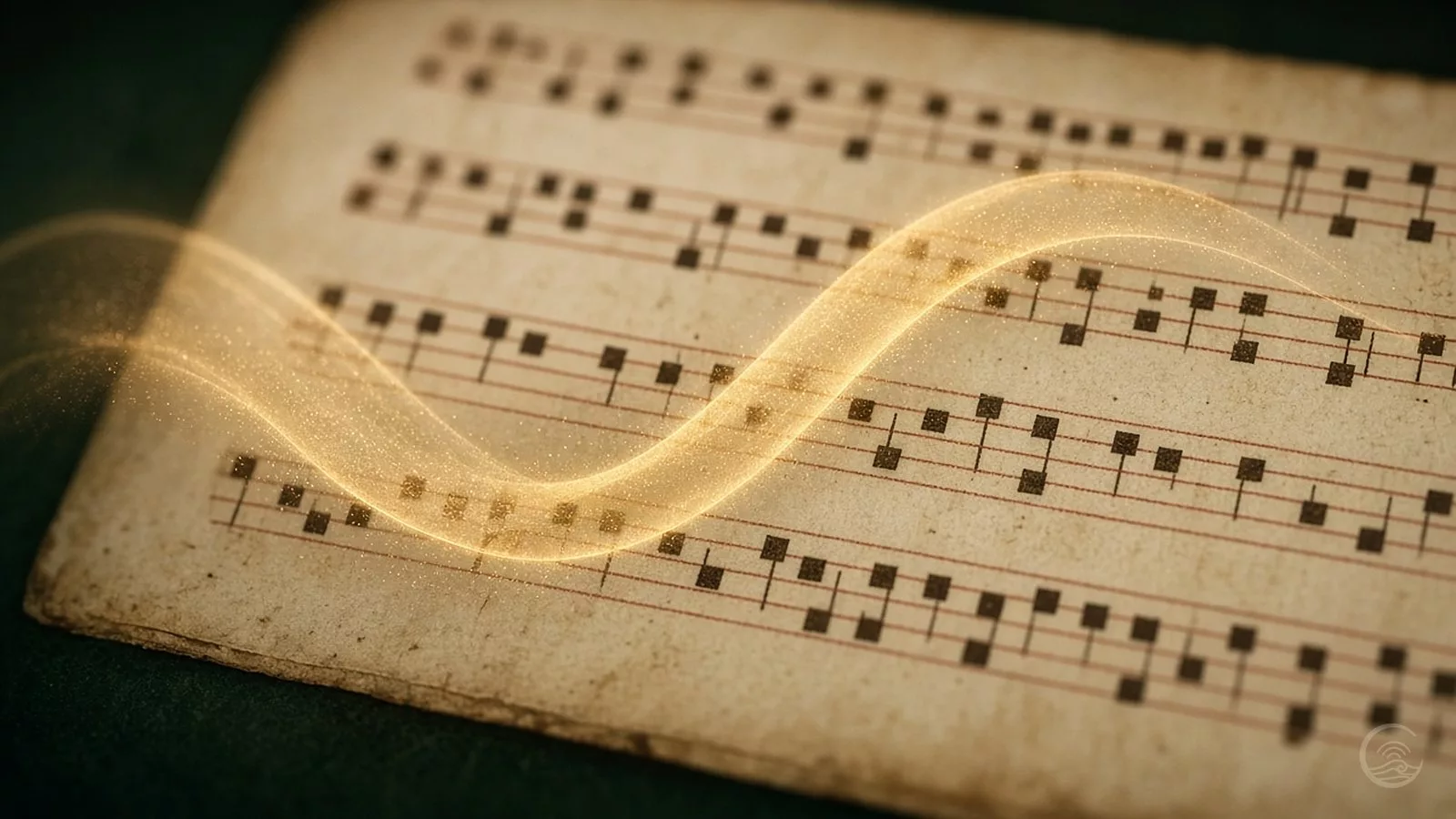 An aged parchment page of old square-note music on reddish staves, crossed by a translucent glowing golden wave, with deep green shadow at the edges.