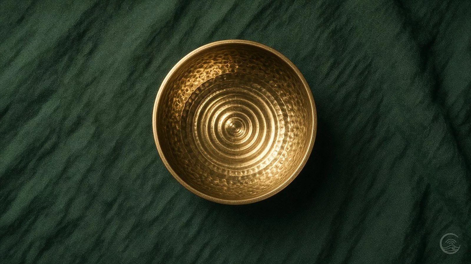 A hammered brass singing bowl seen from above on dark green linen, with concentric rings at its centre like ripples spreading outward.